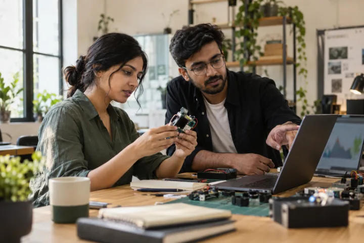 AI engineers discussing a sensor prototype.