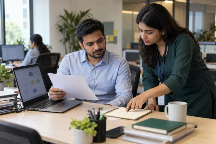 Office colleagues reviewing an automated workflow.