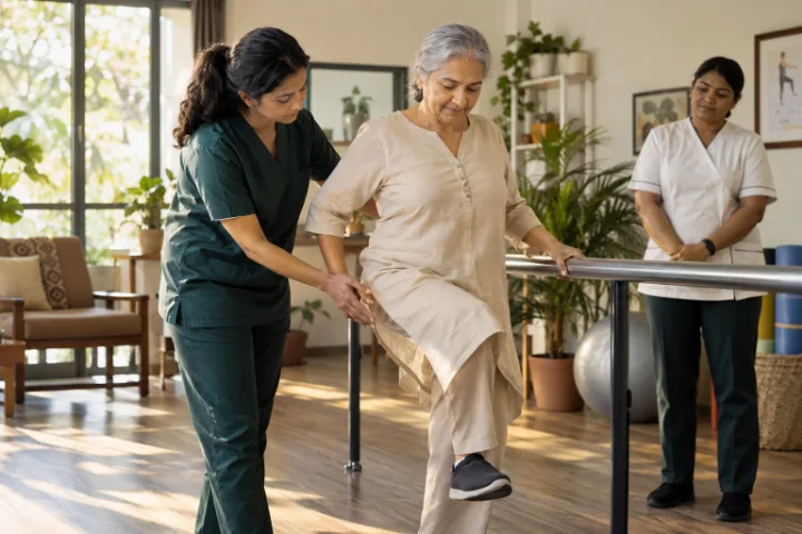 A care professional supporting a balance exercise.